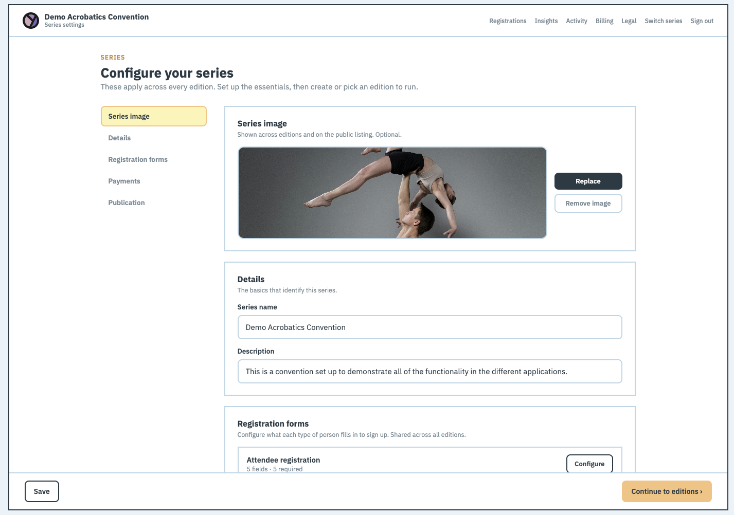 The 'Configure your series' hub: side sections (Series image, Details, Registration forms, Payments) and top links
