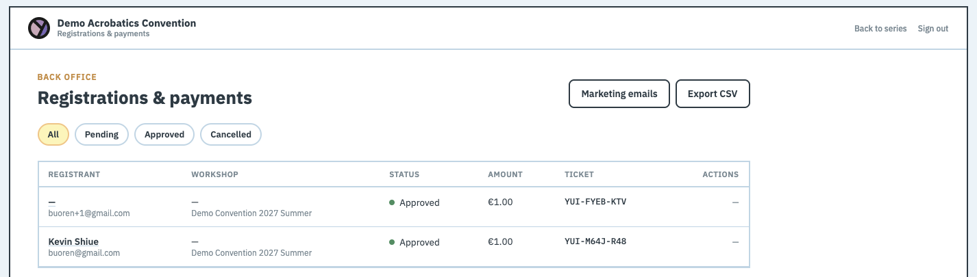 The Registrations & payments table with filter tabs, columns and action buttons