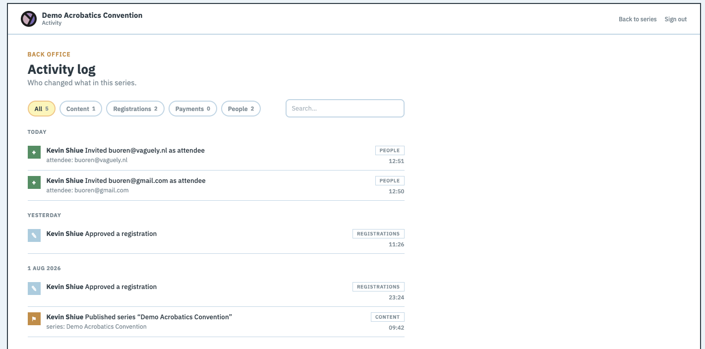 The Activity log screen: a time-ordered list of changes with filter tabs