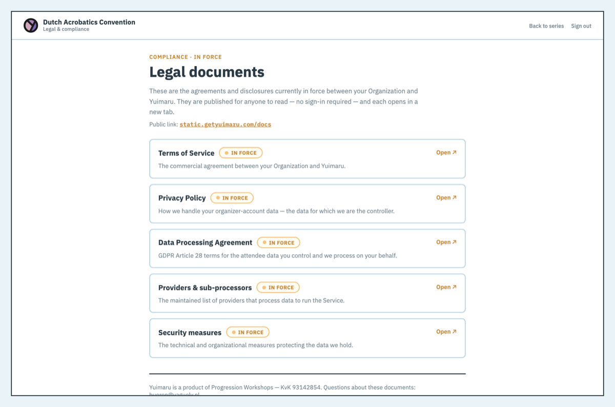 The Legal documents screen: Terms, Privacy, DPA, sub-processors and security, each marked In force