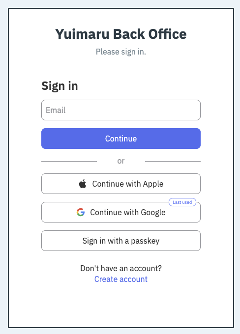 The Back Office sign-in screen: an email field and Continue button, plus Continue with Google and Sign in with a passkey