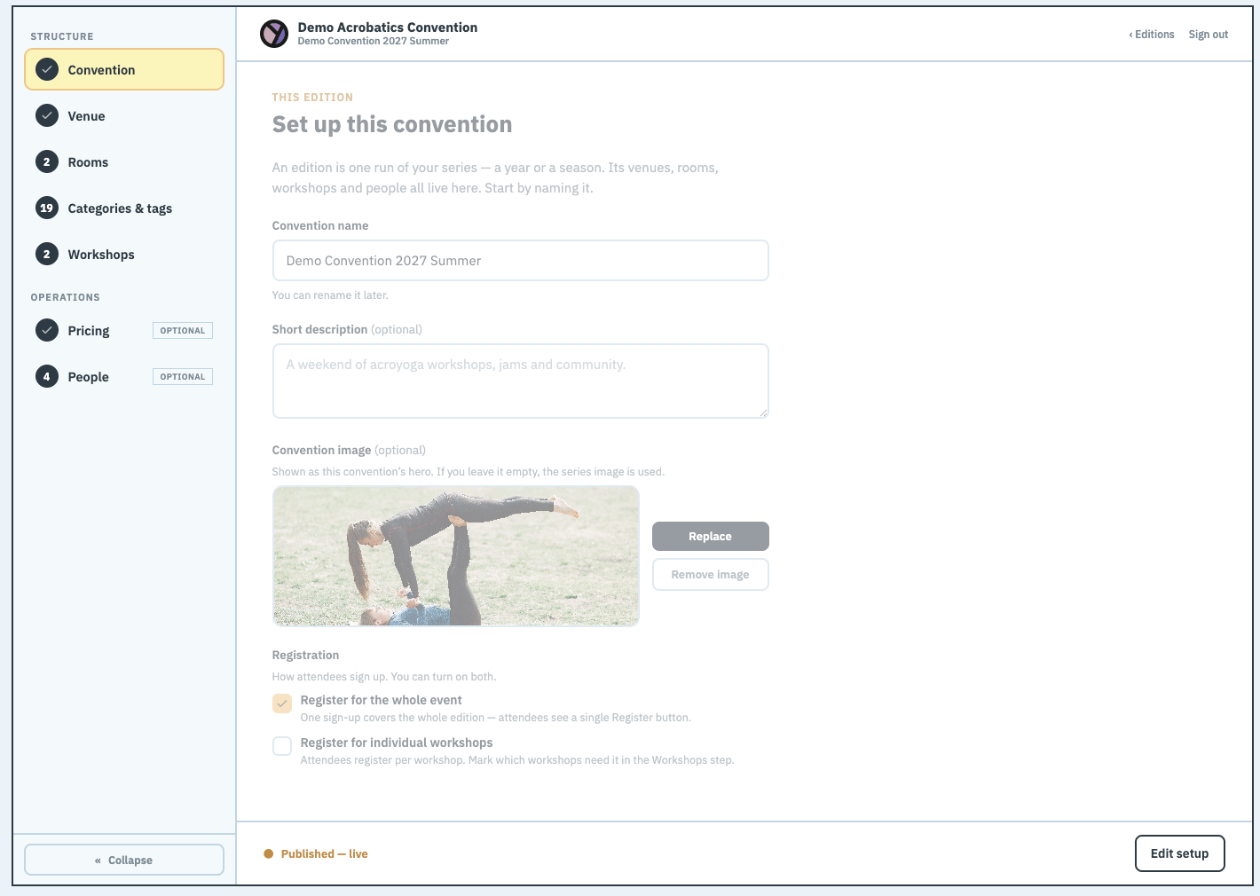 The edition setup wizard: the step list down the left and the first step's fields on the right