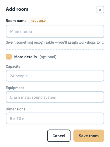 The Add room dialog, with a room name and optional capacity, equipment and dimensions