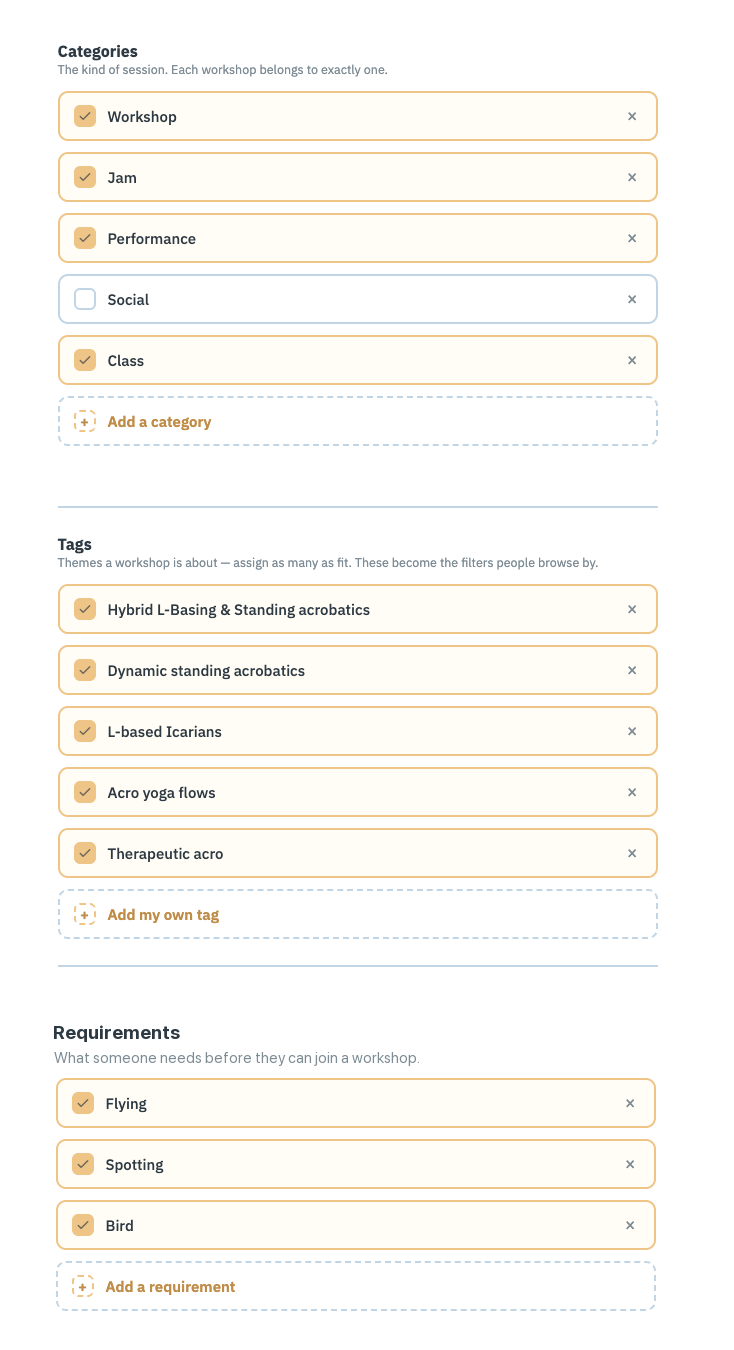 The three checklists: Categories, Tags, and Requirements, each with an Add row