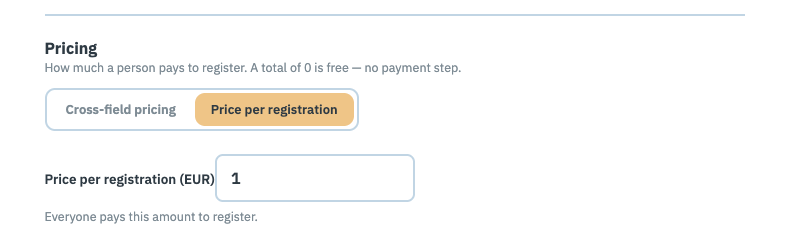 The Pricing step, showing a single price-per-registration amount