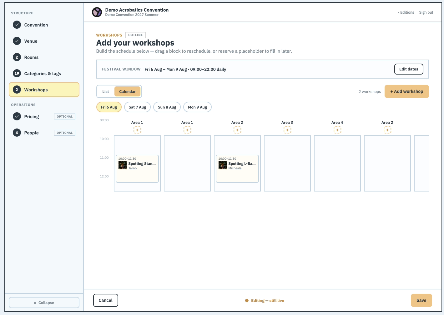 The Workshops calendar view: columns are rooms/areas, rows are the time of day, with session blocks
