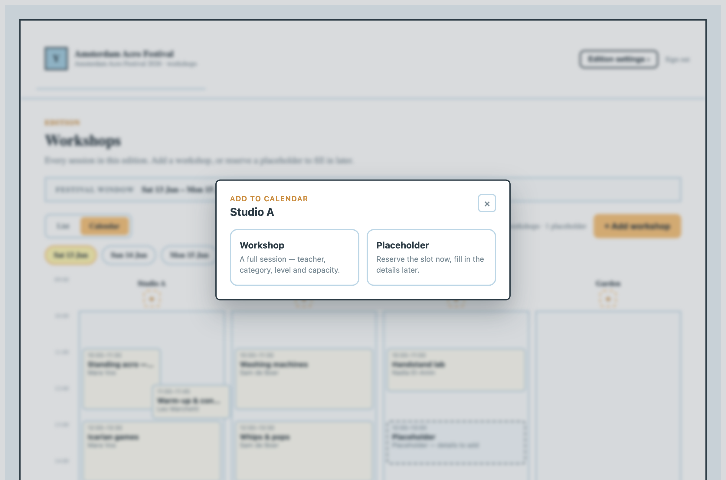 The add-to-calendar chooser: two cards, Workshop and Placeholder