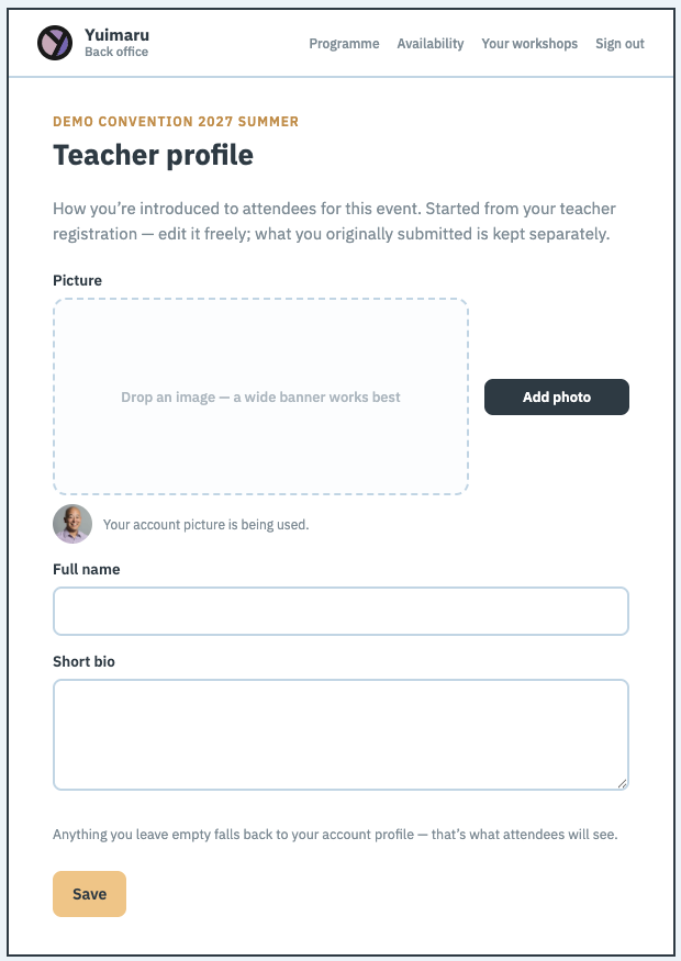 The Teacher profile screen: the edition name above the heading, a Picture drop area with Add photo, a small thumbnail noting the account picture is being used, empty Full name and Short bio fields, and a Save button