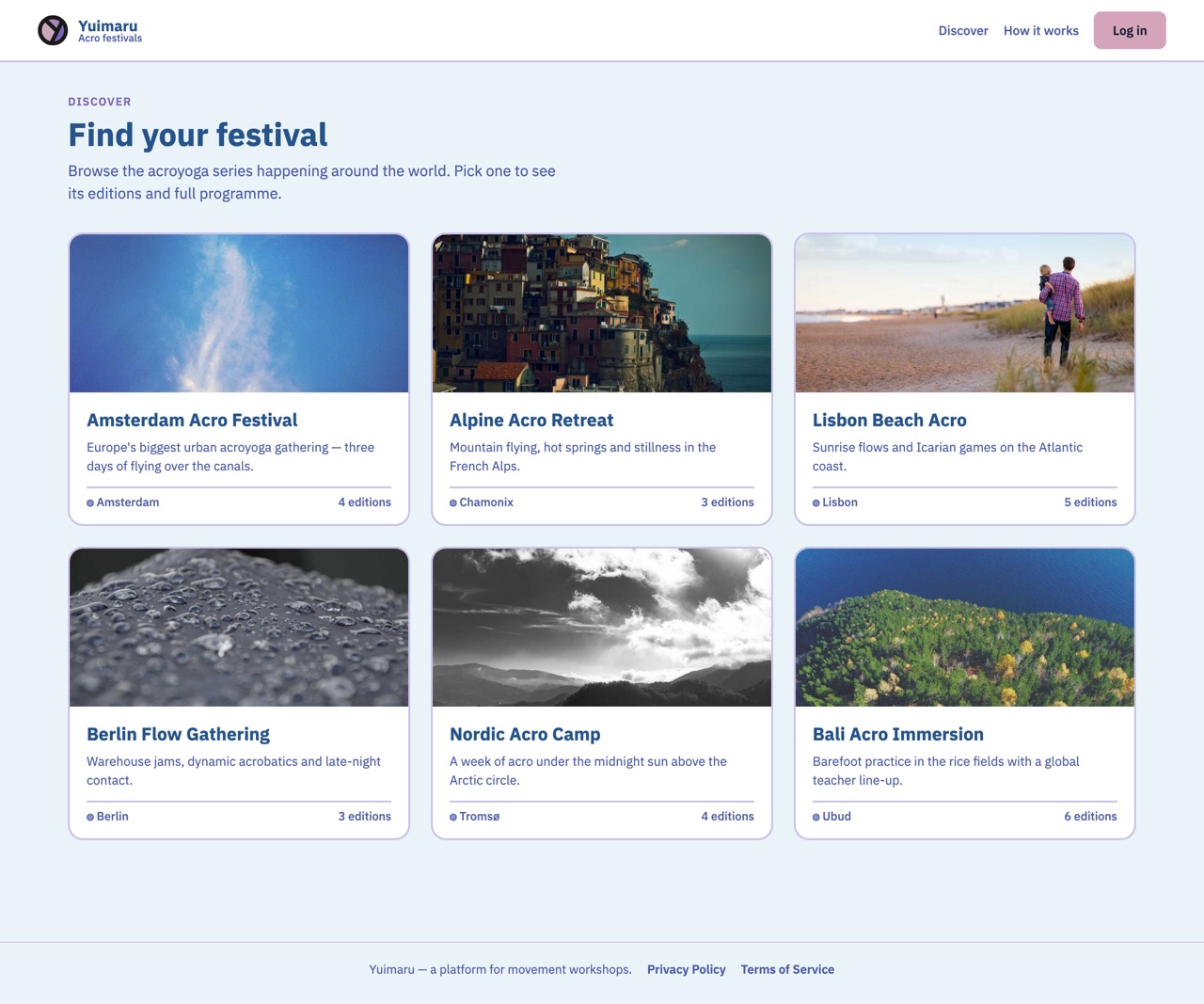 The Discover page: a grid of festival cards, each with a photo, name, tagline, location and edition count