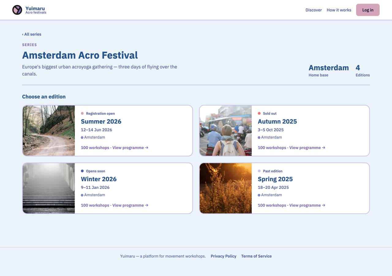 The Choose an edition page: edition cards with coloured status dots, dates and locations
