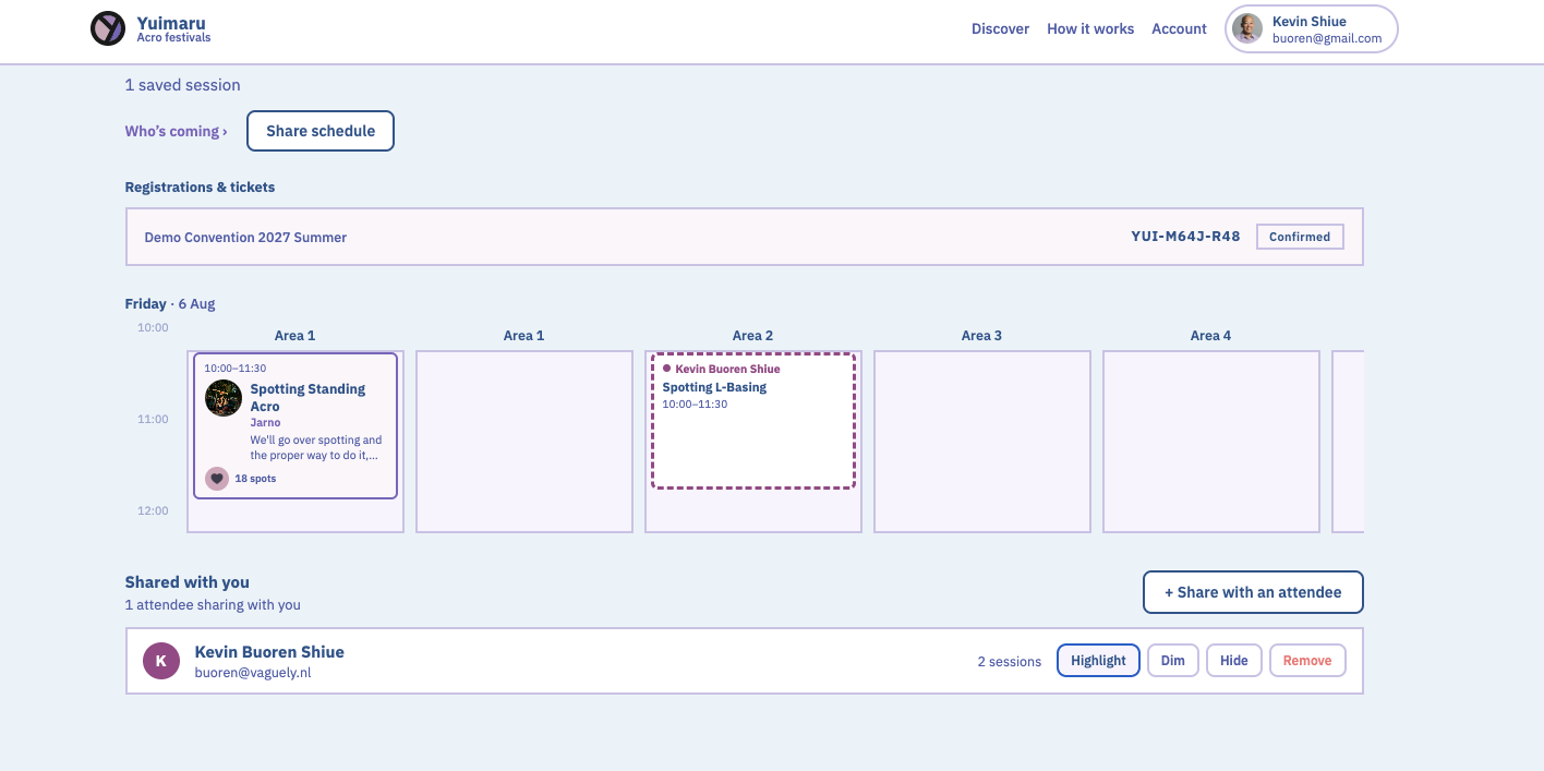 My schedule showing the Share schedule button, a dashed shared session on the calendar, and the Shared with you panel with Highlight, Dim, Hide and Remove controls